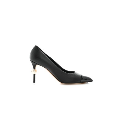 CHANEL GOATSKIN PATENT CALFSKIN CAP TOE CC PEARL PUMPS 